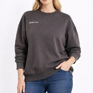 White Fox Crewneck Sweatshirt Taupe Oversized Cozy Athleisure